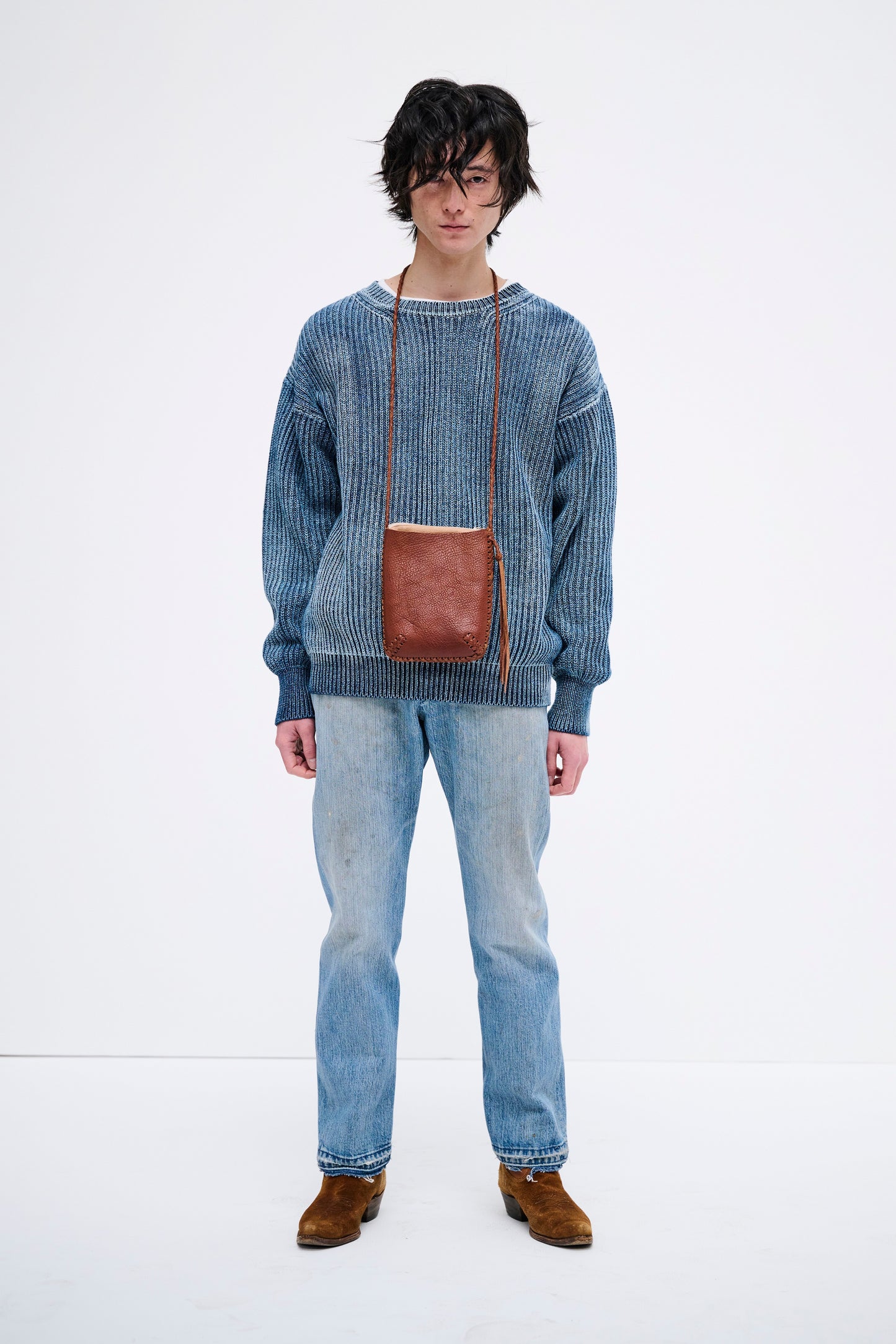 INDIGO CREW NECK KNIT -VINTAGE FINISH-