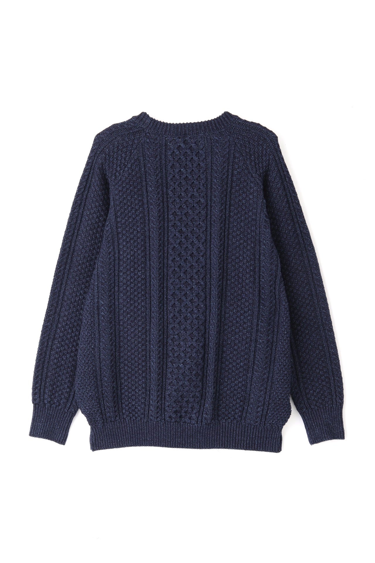INDIGO YARN CREW NECK CABLE SWEATER - One wash -