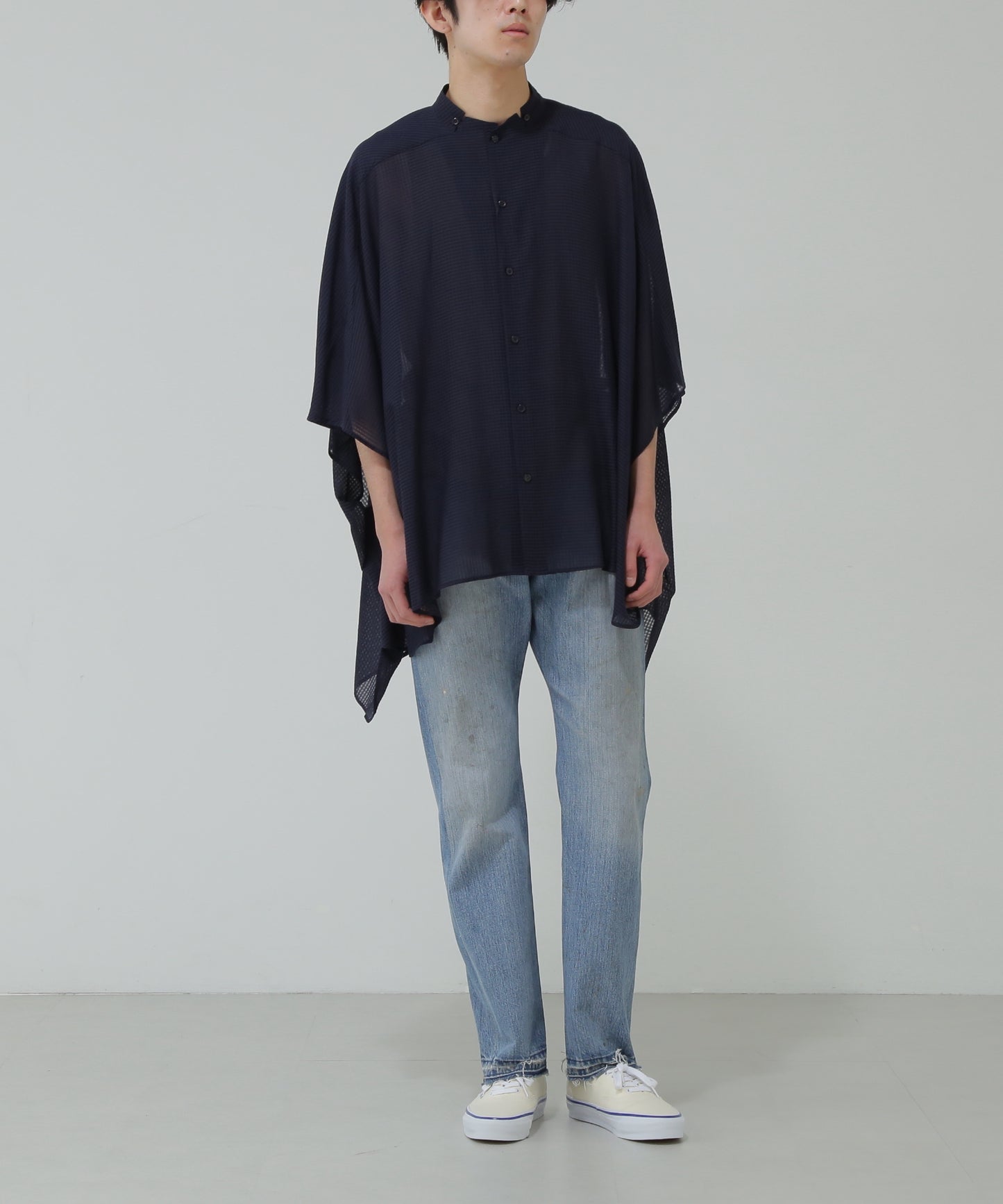 STAND COLLAR SHEER PONCHO SHIRTS - Gingham check Indian fabric -