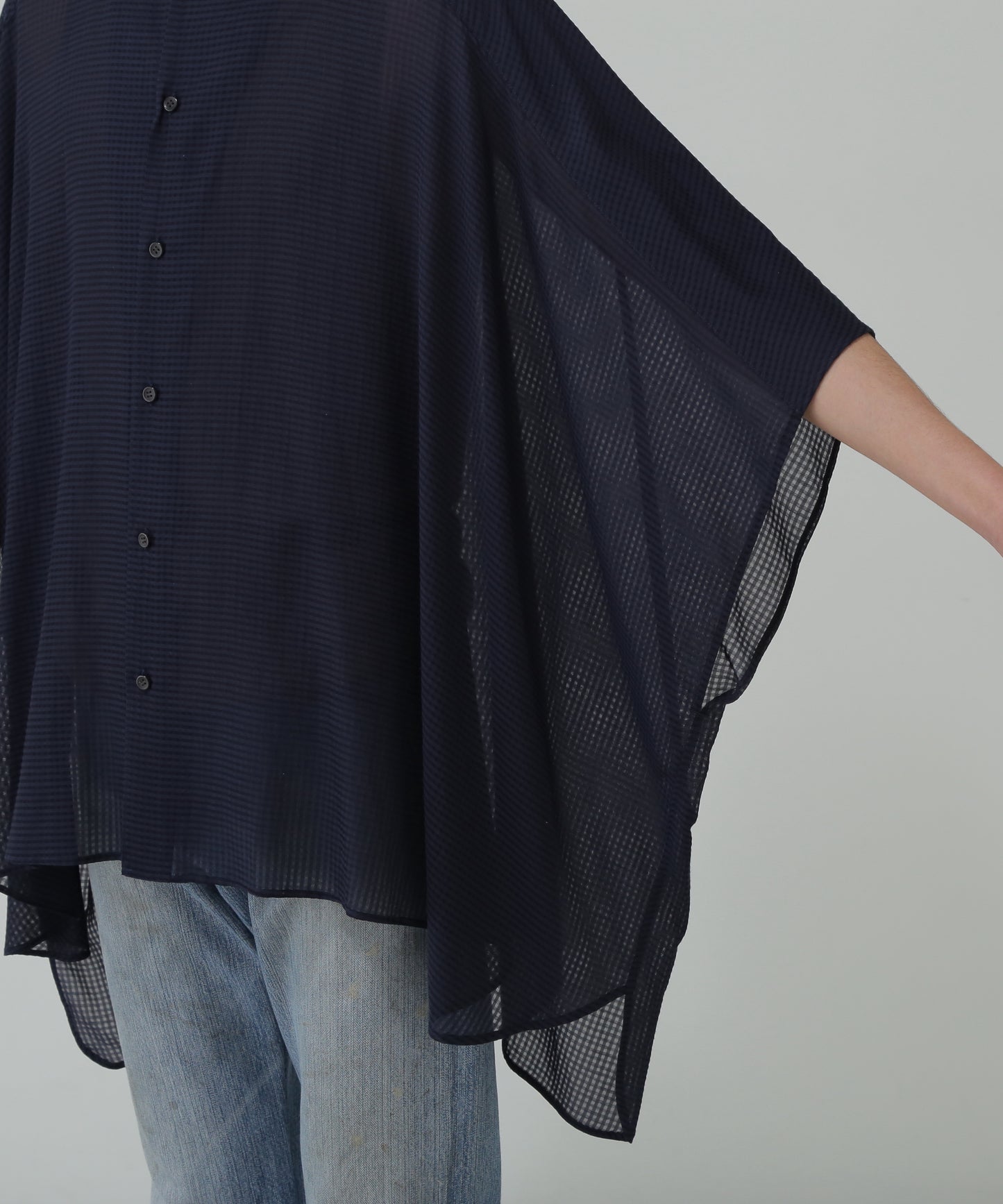 STAND COLLAR SHEER PONCHO SHIRTS - Gingham check Indian fabric -