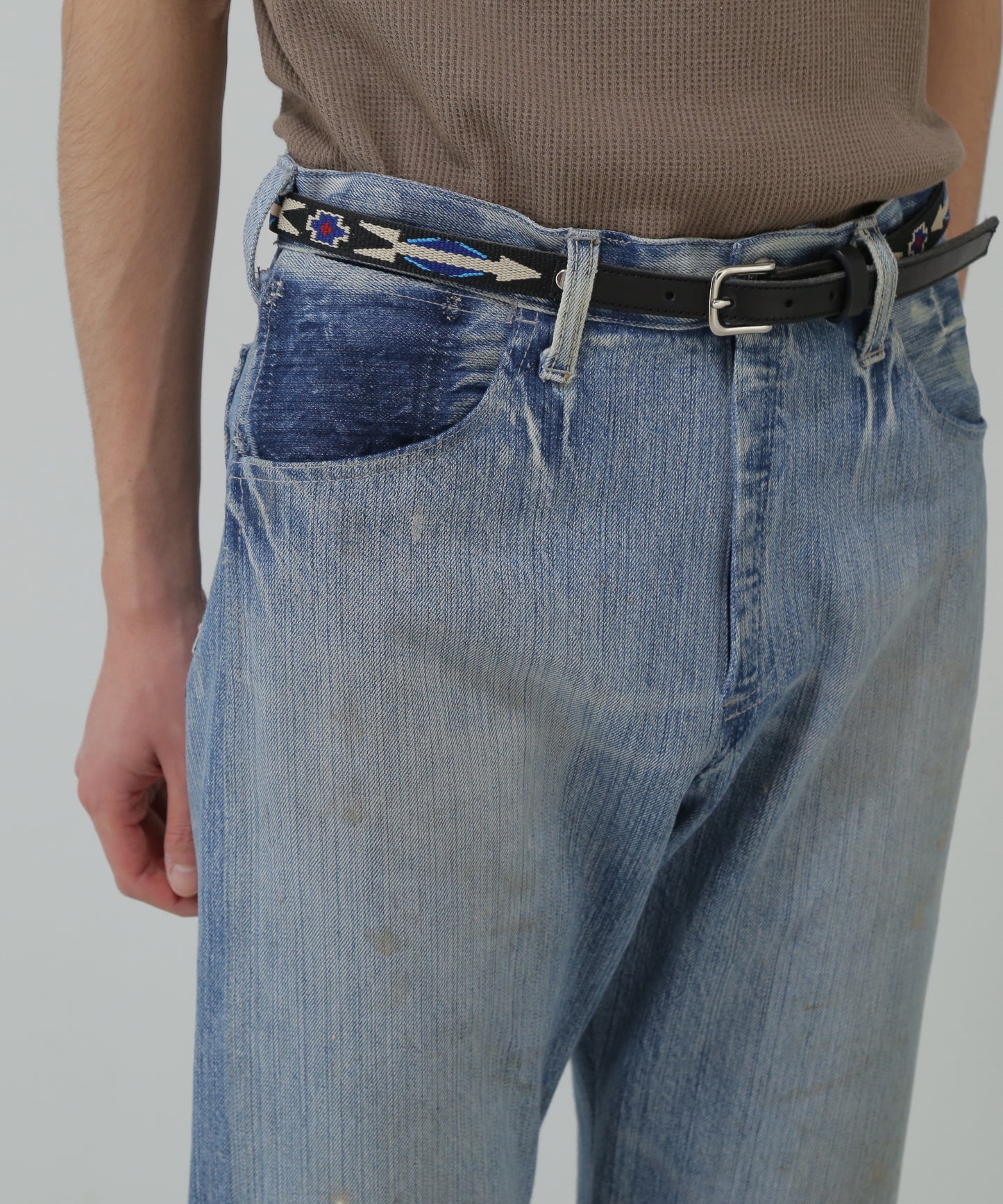 【SEVEN BY SEVEN / Rooster King & Co.,】 COMBINATION NARROW BELT - Natives webbing / Cow leather -