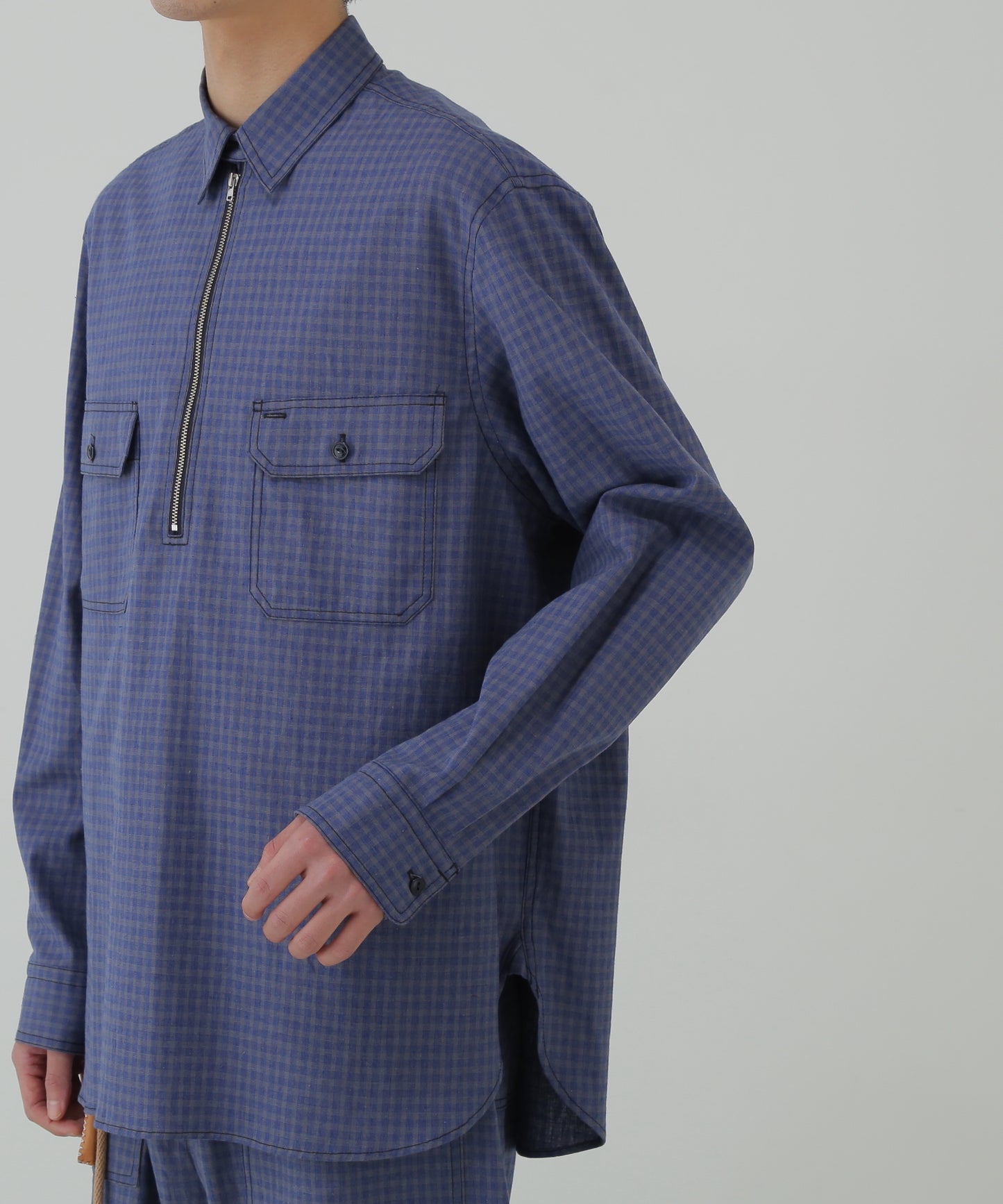 HALF ZIP PULLOVER SHIRTS - Cotton / Linen Gingham check -
