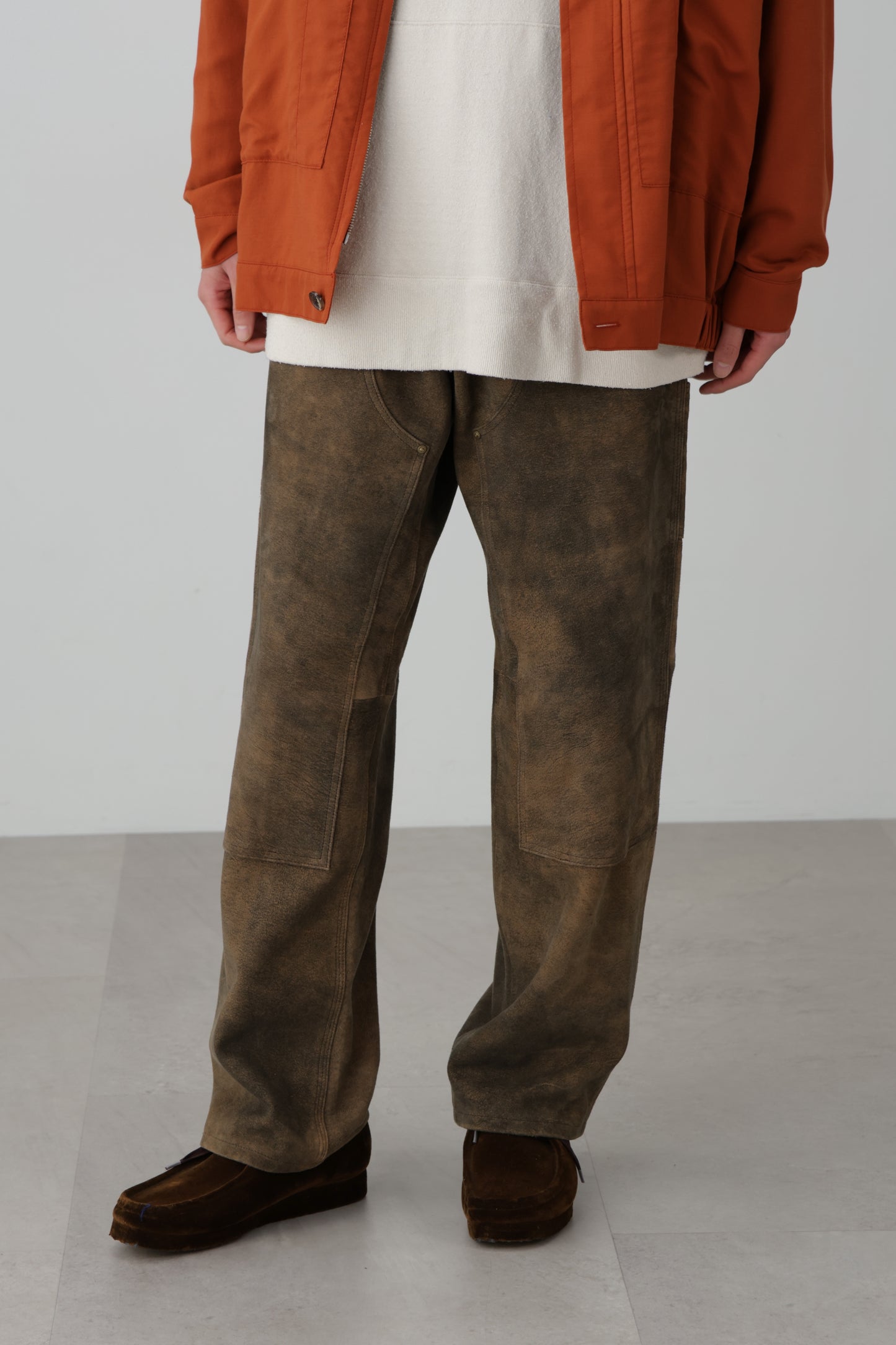 LEATHER DOUBLE KNEE PANTS - Goat suede Antique finish -
