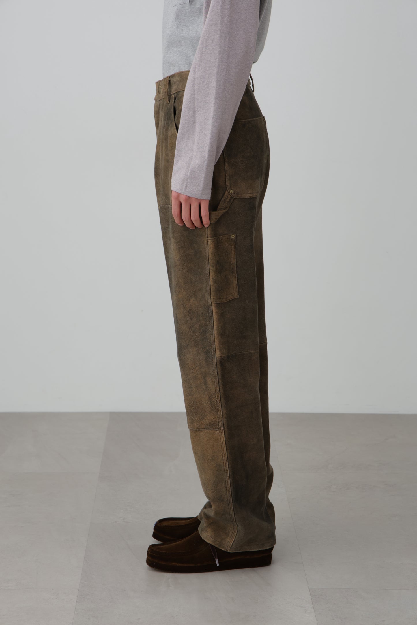 LEATHER DOUBLE KNEE PANTS - Goat suede Antique finish -