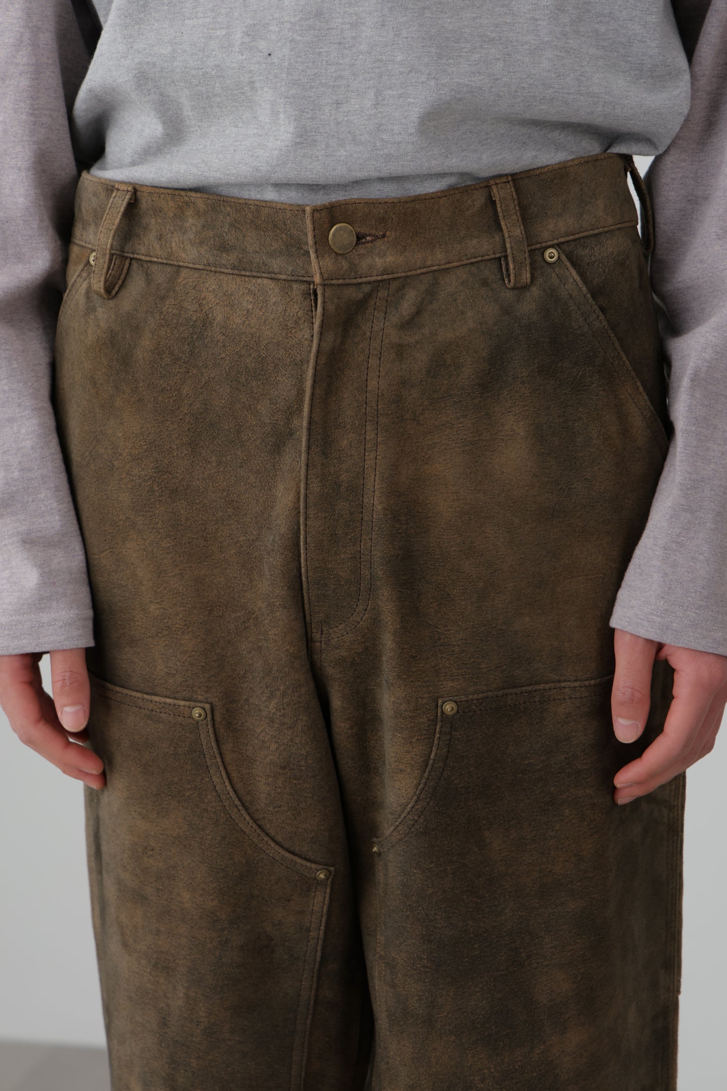 LEATHER DOUBLE KNEE PANTS - Goat suede Antique finish -
