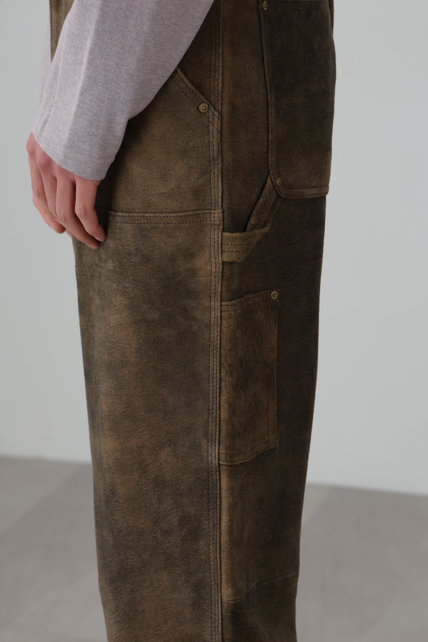 LEATHER DOUBLE KNEE PANTS - Goat suede Antique finish -