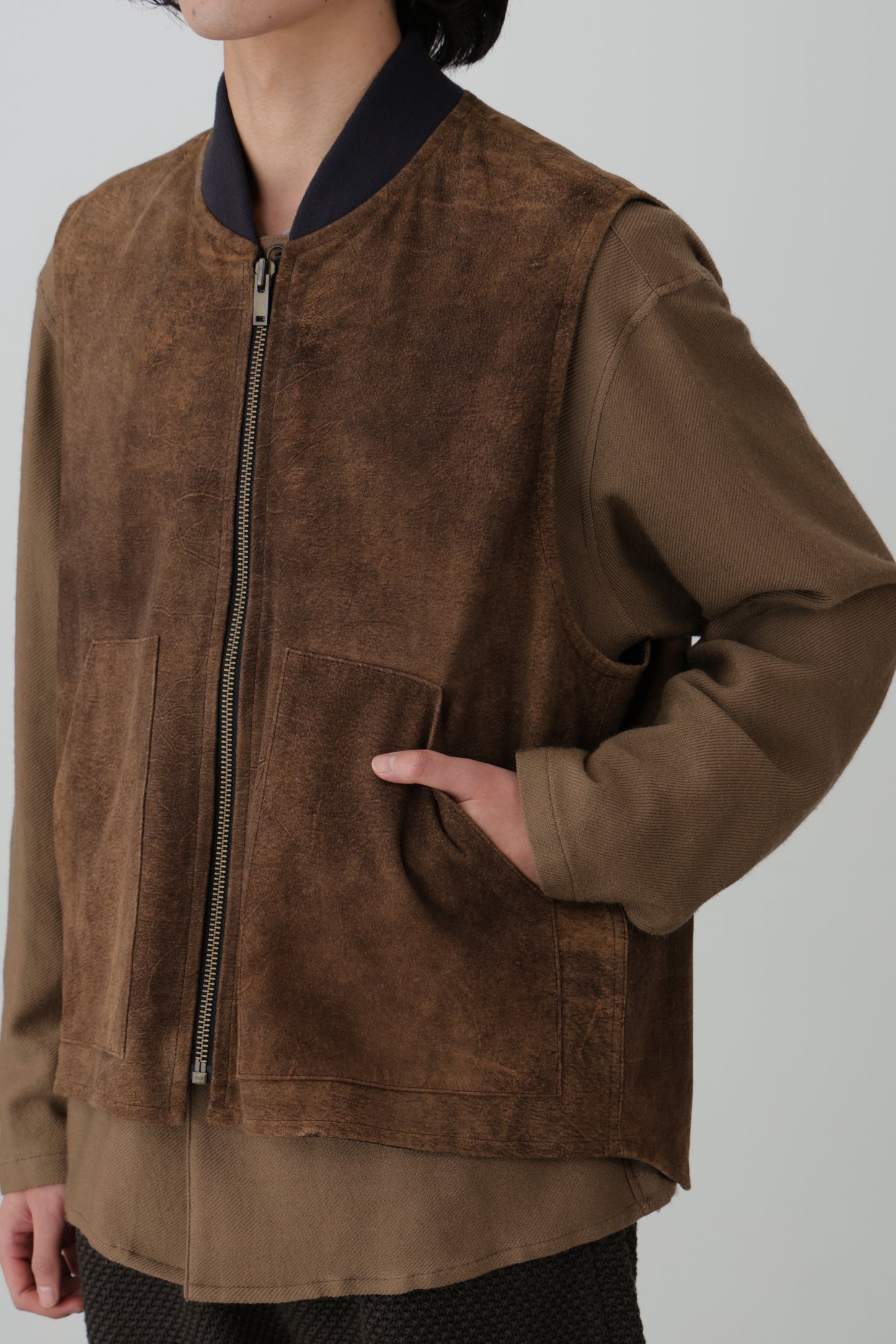 LEATHER WORK VEST - Goat suede Antique finish -