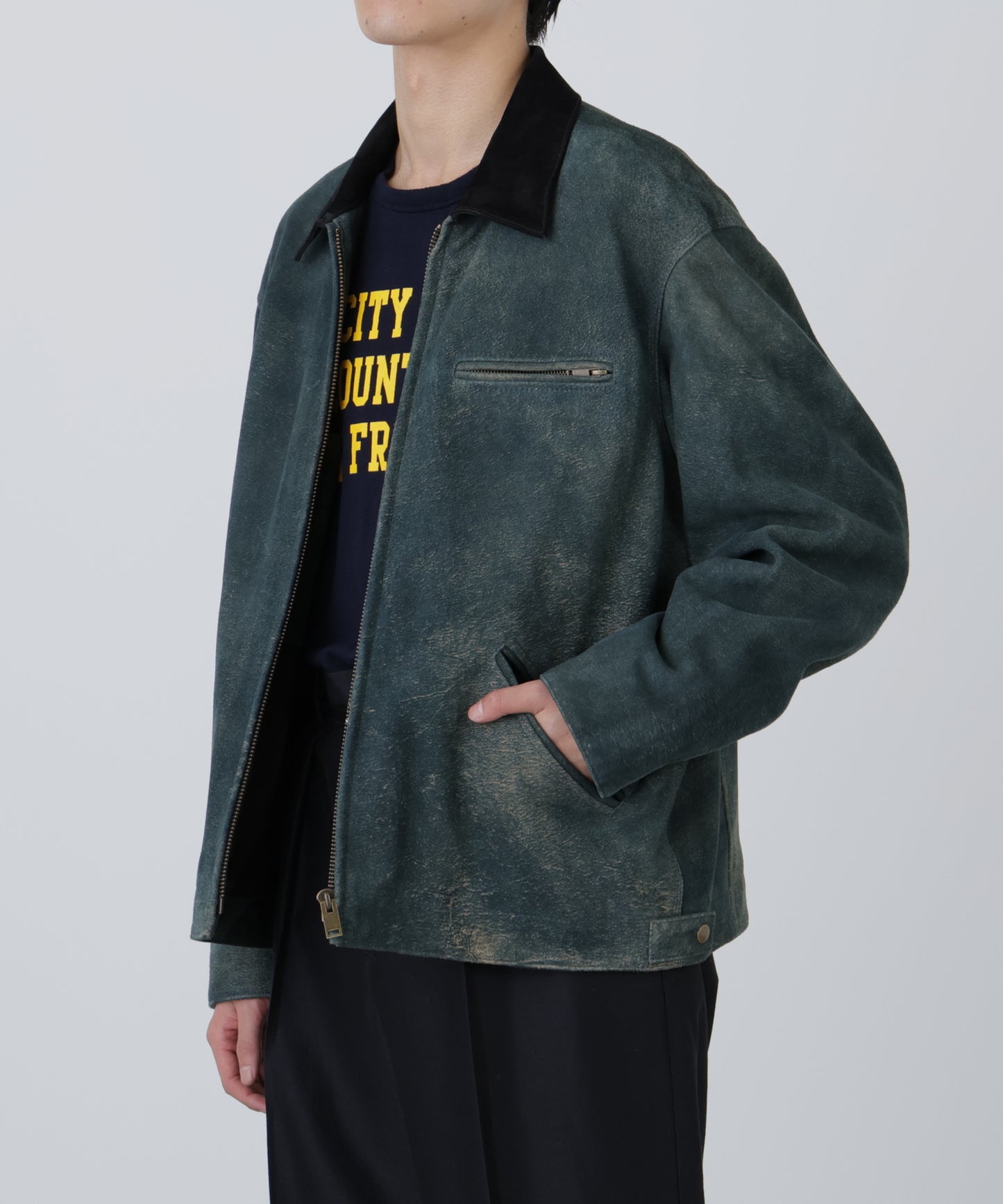 LEATHER DETROIT JACKET ‐Goat suede Antique finish‐