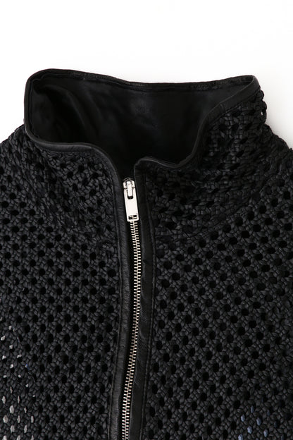 STAND COLLAR MACRAME LEATHER BLOUSON - Goat leather -