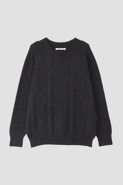 INDIGO YARN CREW NECK CABLE SWEATER - One wash -