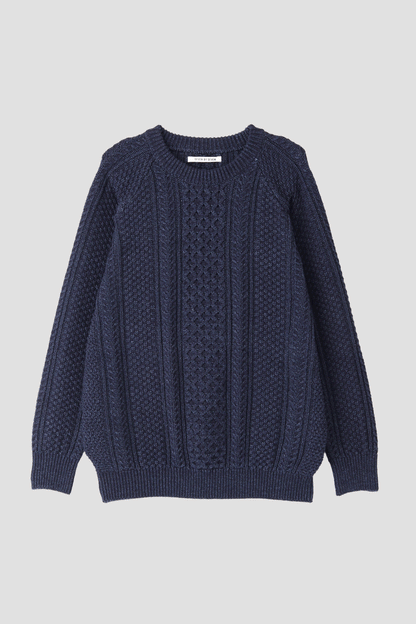 INDIGO YARN CREW NECK CABLE SWEATER - One wash -