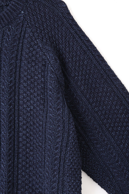 INDIGO YARN CREW NECK CABLE SWEATER - One wash -