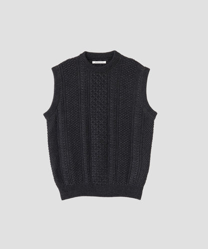 INDIGO YARN CABLE KNIT VEST -One wash-