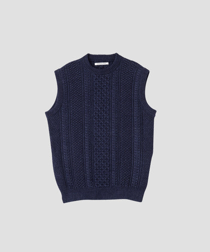 INDIGO YARN CABLE KNIT VEST -One wash-