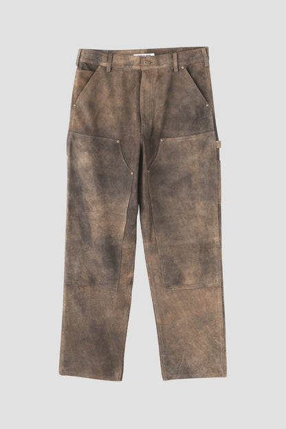 LEATHER DOUBLE KNEE PANTS - Goat suede Antique finish -