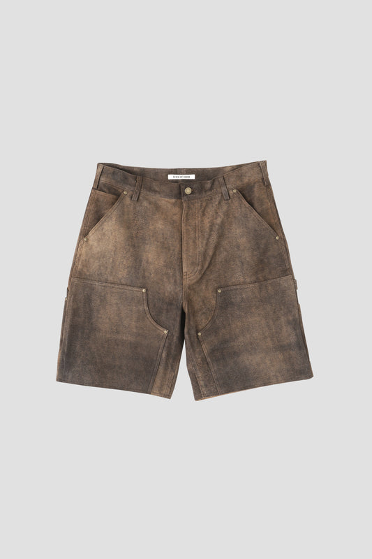 LEATHER DOUBLE KNEE SHORT PANTS - Goat suede Antique finish -