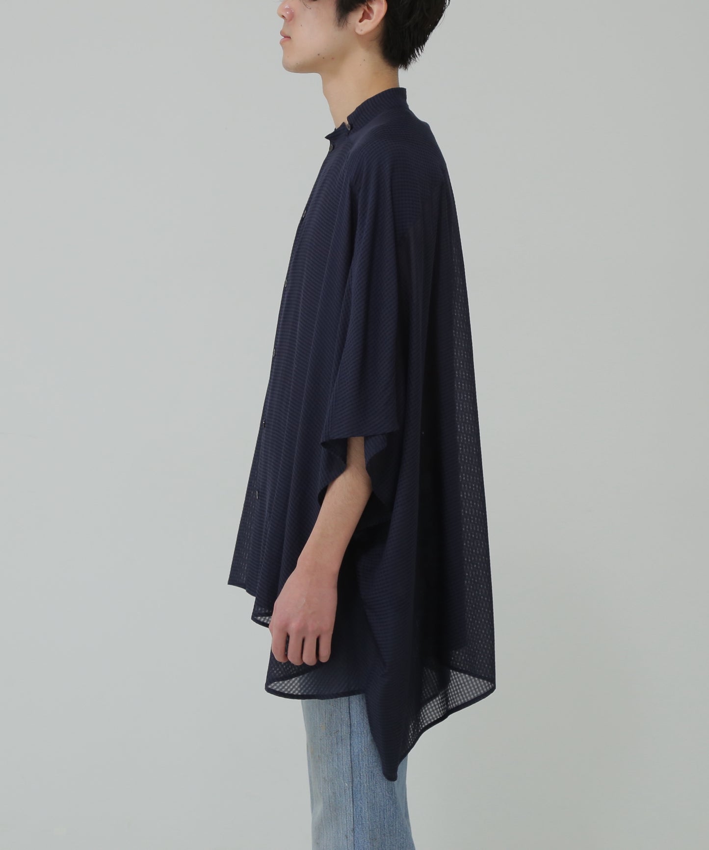 STAND COLLAR SHEER PONCHO SHIRTS - Gingham check Indian fabric -