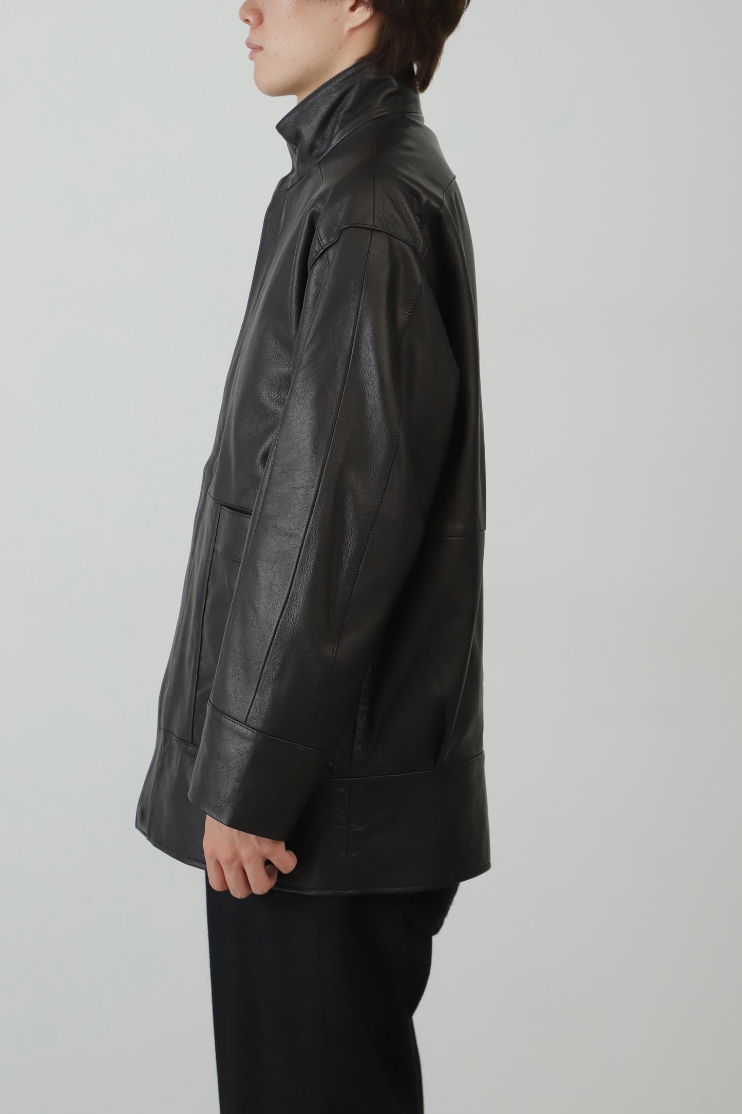 STAND-UP COLLAR LEATHER CAR COAT ‐Goat leather‐