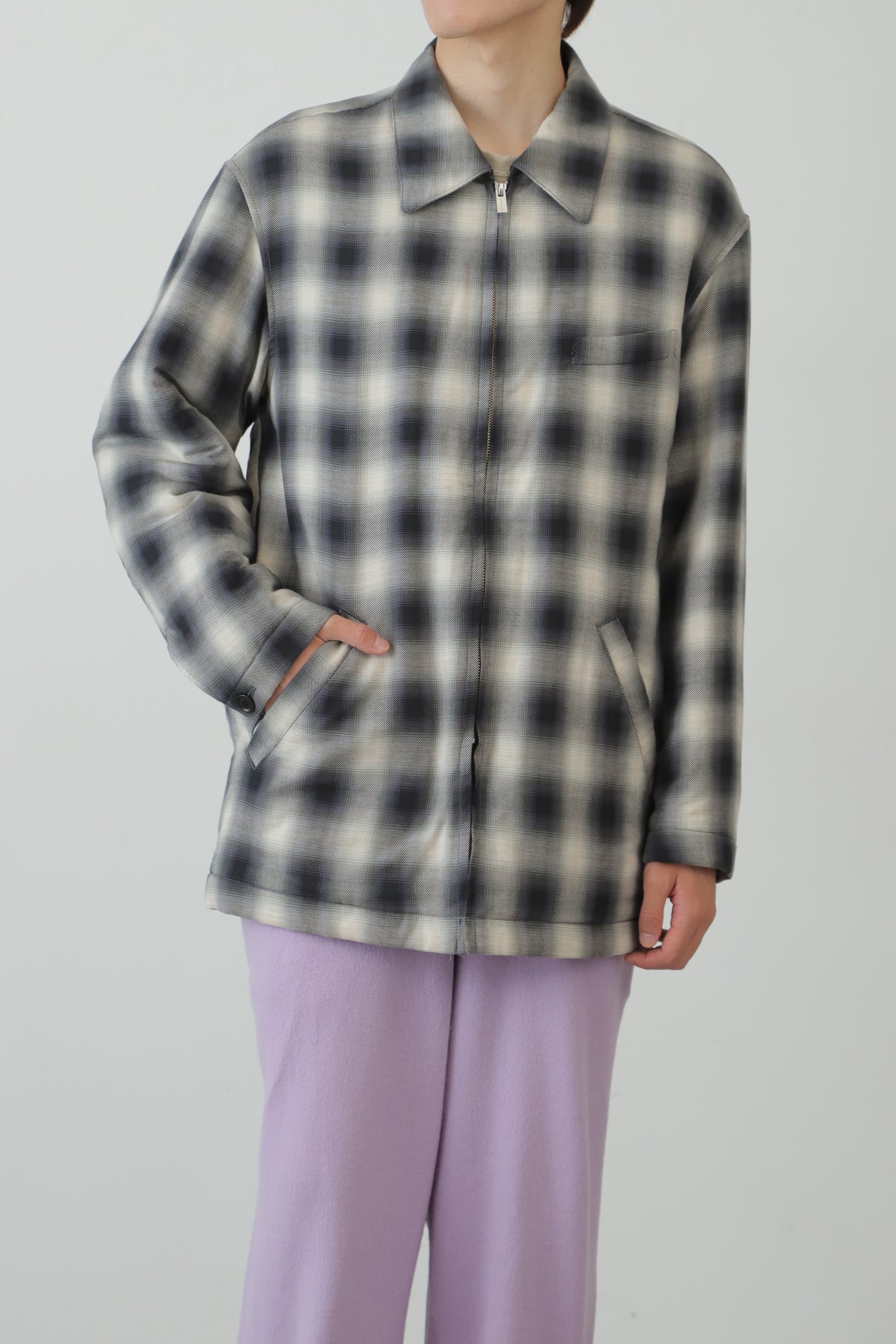 OMBRE CHECK ZIP UP LONG BLOUSON ‐Cotton / Yak‐