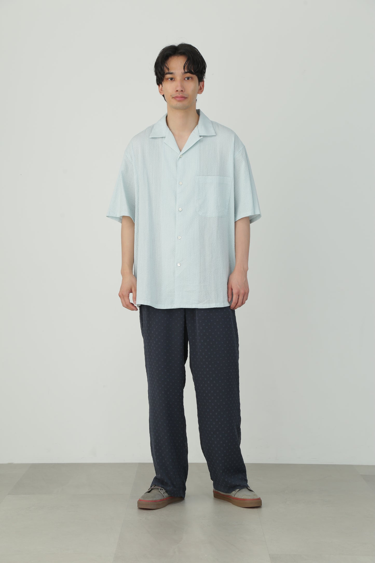 OVER DYED OPEN COLLAR SHIRTS S/S - Stripe seersucker -