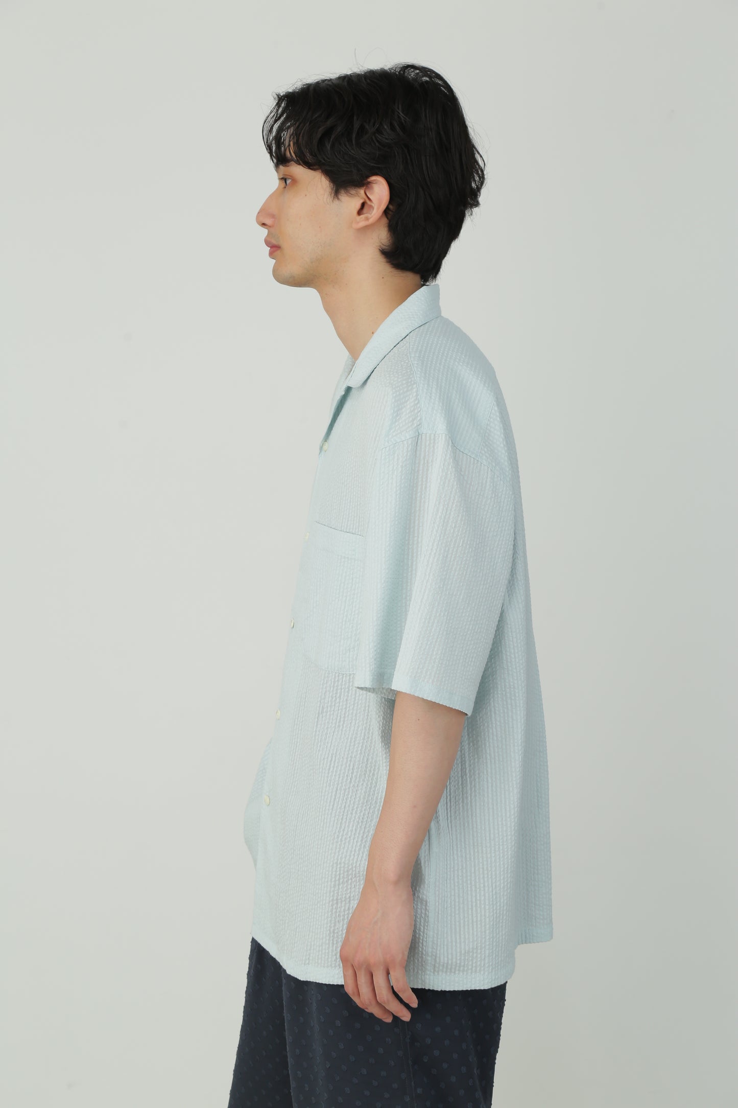 OVER DYED OPEN COLLAR SHIRTS S/S - Stripe seersucker -